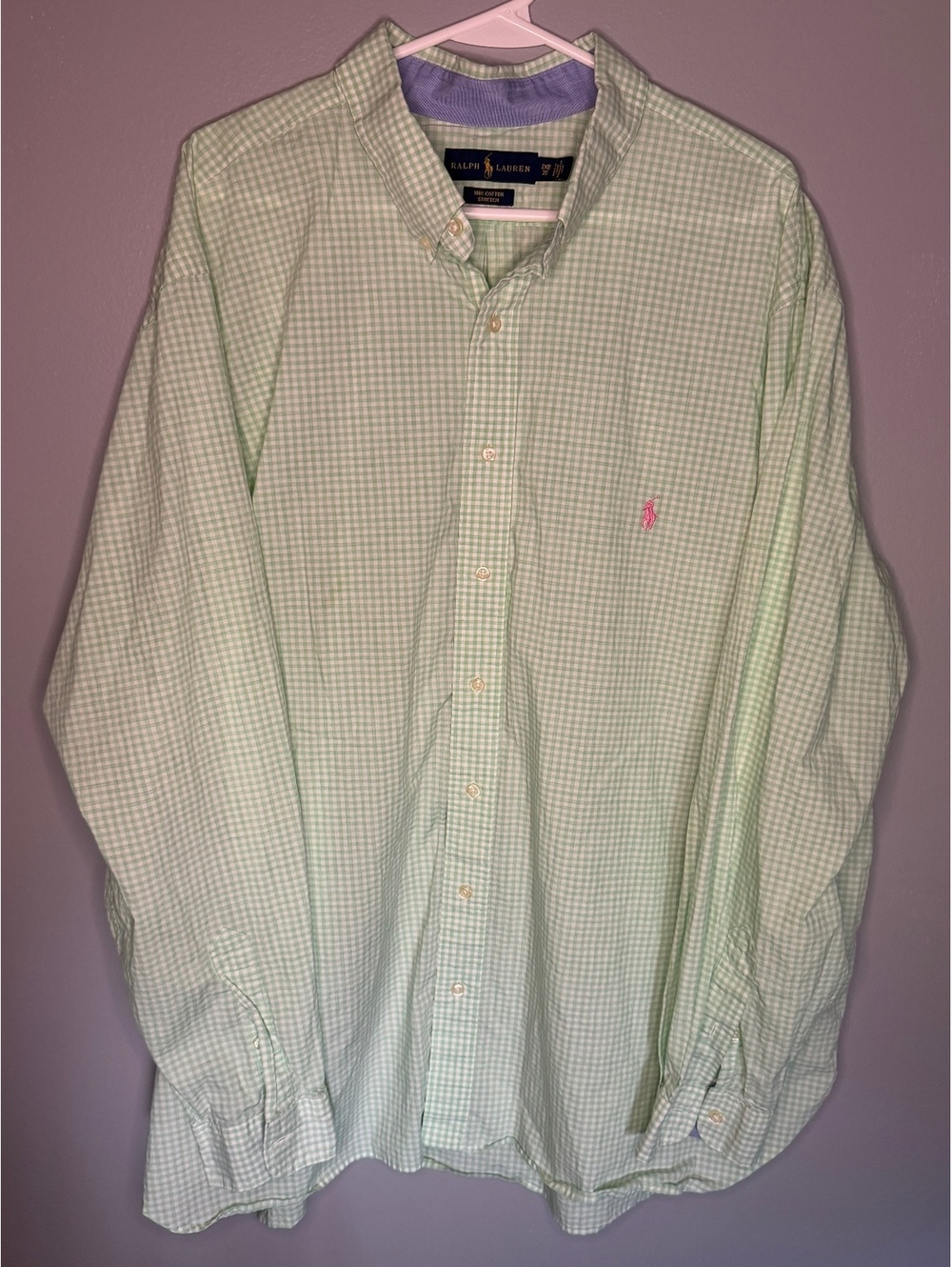 Ralph Lauren Men's Green and White Check Stretch Cotton Dress Shirt 2XB